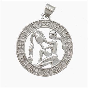 Copper Aquarius Pendant Zodiac Circle Platinum Plated, approx 23mm [FN49936]