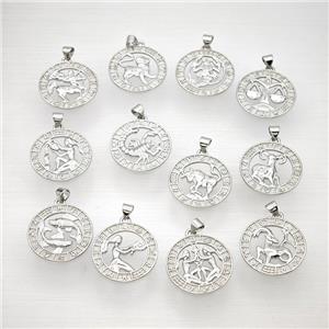 Copper Zodiac Pendant Circle Platinum Plated Mixed, approx 23mm [FN49938]