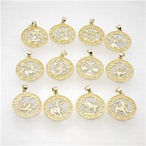 Copper Zodiac Pendant Circle Gold Plated Mixed, approx 23mm [FN49951]