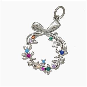 Christmas Wreath Charms Copper Pendant Pave Zirconia Platinum Plated, approx 17-20mm [FN50016]