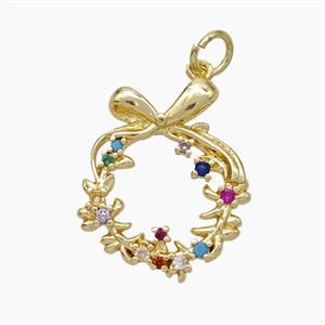 Christmas Wreath Charms Copper Pendant Pave Zirconia Gold Plated, approx 17-20mm [FN50017]