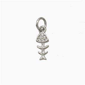 Copper Fishbone Charms Pendant Pave Zirconia Platinum Plated, approx 4-10mm [FN50085]