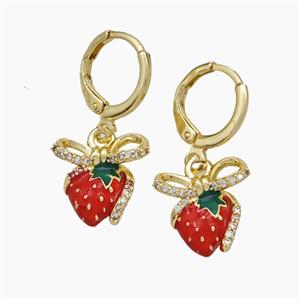 Copper Strawberry Hoop Earrings Pave Zirconia Red Enamel Gold Plated, approx 13mm, 12mm dia [FN50151]