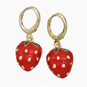 Copper Strawberry Hoop Earrings Red Enamel Gold Plated, approx 12-13mm, 12mm dia [FN50152]