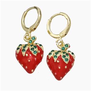 Copper Strawberry Hoop Earrings Pave Zirconia Red Enamel Gold Plated, approx 12-16mm, 12mm dia [FN50153]