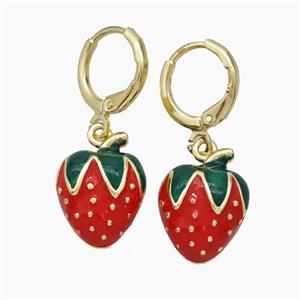 Copper Strawberry Hoop Earrings Red Enamel Gold Plated, approx 12-16mm, 12mm dia [FN50154]