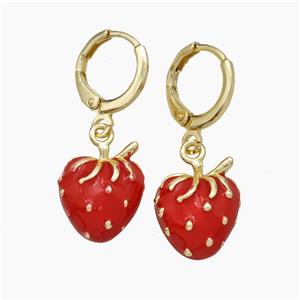 Copper Strawberry Hoop Earrings Red Enamel Gold Plated, approx 11-13mm, 12mm dia [FN50155]