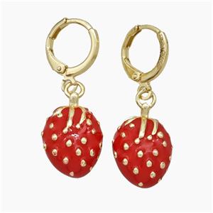 Copper Strawberry Hoop Earrings Red Enamel Gold Plated, approx 11-16mm, 12mm dia [FN50156]
