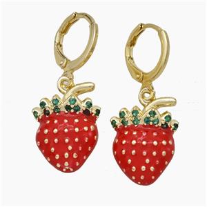 Copper Strawberry Hoop Earrings Pave Zirconia Red Enamel Gold Plated, approx 13-18mm, 12mm dia [FN50157]