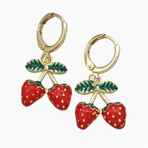 Copper Strawberry Hoop Earrings Red Enamel Gold Plated, approx 15mm, 12mm dia [FN50158]