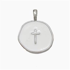 Copper Circle Cross Pendant White Enamel Platinum Plated, approx 15mm [FN50194]