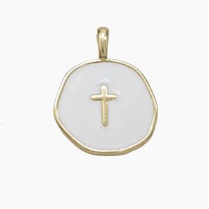 Copper Circle Cross Pendant White Enamel Gold Plated, approx 15mm [FN50195]