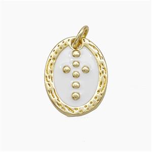 Copper Oval Pendant Cross White Enamel Gold Plated, approx 12-15mm [FN50197]