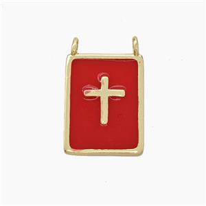 Copper Cross Rectangle Pendant Red Enamel Gold Plated, approx 12-15mm [FN50205]