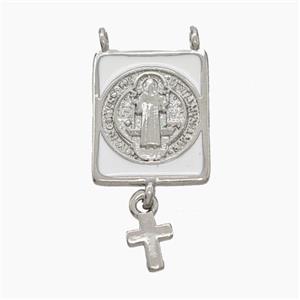 Copper Jesus Pendant White Enamel Rectangle Cross 2loops Platinum Plated, approx 12-15mm, 5-7mm [FN50210]