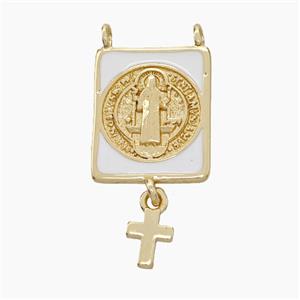 Copper Jesus Pendant White Enamel Rectangle Cross 2loops Gold Plated, approx 12-15mm, 5-7mm [FN50211]
