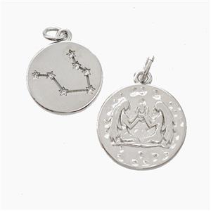 Copper Circle Pendant Pave Zirconia Zodiac Gemini Platinum Plated, approx 15mm [FN50232]