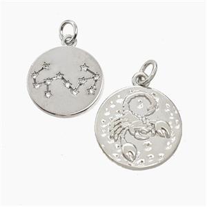 Copper Circle Pendant Pave Zirconia Zodiac Scorpio Platinum Plated, approx 15mm [FN50237]