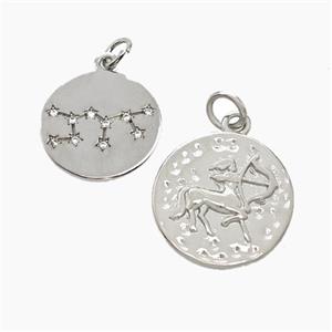 Copper Circle Pendant Pave Zirconia Zodiac Sagittarius Platinum Plated, approx 15mm [FN50238]