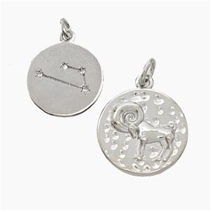Copper Circle Pendant Pave Zirconia Zodiac Capricorn Platinum Plated, approx 15mm [FN50239]