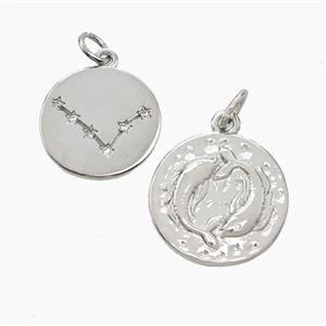 Copper Circle Pendant Pave Zirconia Zodiac Pisces Platinum Plated, approx 15mm [FN50241]