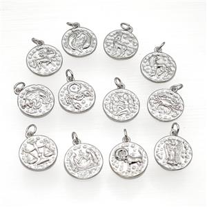 Copper Circle Pendant Pave Zirconia Zodiac Platinum Plated Mixed, approx 15mm [FN50242]