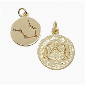 Copper Circle Pendant Pave Zirconia Zodiac Gemini Gold Plated, approx 15mm [FN50245]