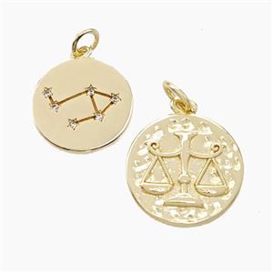 Copper Circle Pendant Pave Zirconia Zodiac Libra Gold Plated, approx 15mm [FN50249]