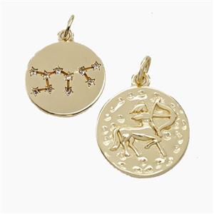 Copper Circle Pendant Pave Zirconia Zodiac Sagittarius Gold Plated, approx 15mm [FN50251]