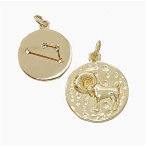 Copper Circle Pendant Pave Zirconia Zodiac Capricorn Gold Plated, approx 15mm [FN50252]