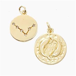 Copper Circle Pendant Pave Zirconia Zodiac Pisces Gold Plated, approx 15mm [FN50254]