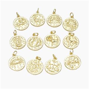 Copper Circle Pendant Pave Zirconia Zodiac Gold Plated Mixed, approx 15mm [FN50255]