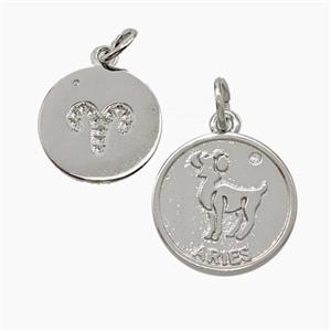 Zodiac Aries Copper Circle Pendant Pave Zirconia Platinum Plated, approx 16mm [FN50256]