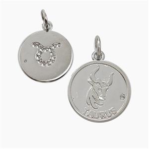 Zodiac Taurus Copper Circle Pendant Pave Zirconia Platinum Plated, approx 16mm [FN50257]