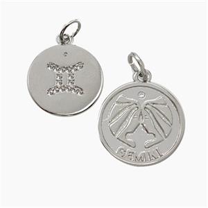 Zodiac Gemini Copper Circle Pendant Pave Zirconia Platinum Plated, approx 16mm [FN50258]