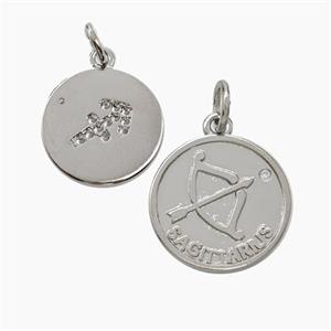 Zodiac Sagittarius Copper Circle Pendant Pave Zirconia Platinum Plated, approx 16mm [FN50264]