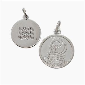 Zodiac Aquarius Copper Circle Pendant Pave Zirconia Platinum Plated, approx 16mm [FN50266]