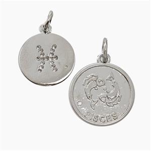 Zodiac Pisces Copper Circle Pendant Pave Zirconia Platinum Plated, approx 16mm [FN50267]