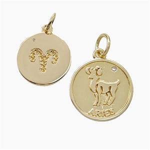 Zodiac Aries Copper Circle Pendant Pave Zirconia Gold Plated, approx 16mm [FN50269]