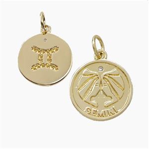 Zodiac Gemini Copper Circle Pendant Pave Zirconia Gold Plated, approx 16mm [FN50271]
