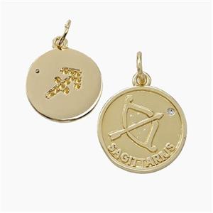 Zodiac Sagittarius Copper Circle Pendant Pave Zirconia Gold Plated, approx 16mm [FN50277]