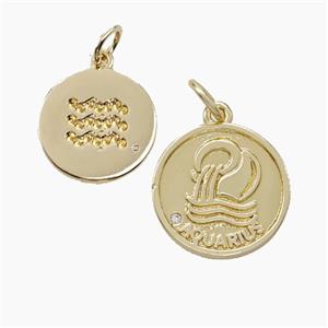 Zodiac Aquarius Copper Circle Pendant Pave Zirconia Gold Plated, approx 16mm [FN50279]