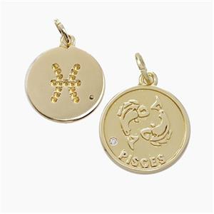Zodiac Pisces Copper Circle Pendant Pave Zirconia Gold Plated, approx 16mm [FN50280]