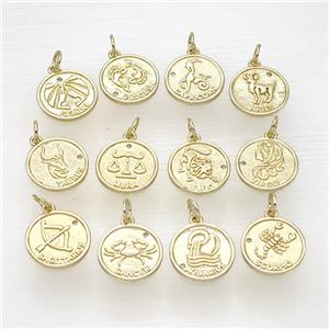 Copper Zodiac Circle Pendant Pave Zirconia Gold Plated Mixed, approx 16mm [FN50281]
