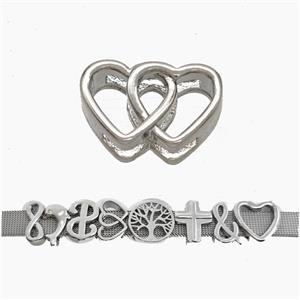 Copper Watchband Beads Double Heart Flat Hole Platinum Plated, approx 10-16mm, 3-11mm hole [FN50288]