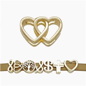 Copper Watchband Beads Double Heart Flat Hole Gold Plated, approx 10-16mm, 3-11mm hole [FN50296]