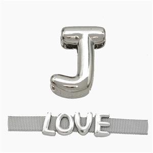 Copper Watchband Beads Letter-J Flat Hole Platinum Plated, approx 10-14mm, 3-11mm hole [FN50309]