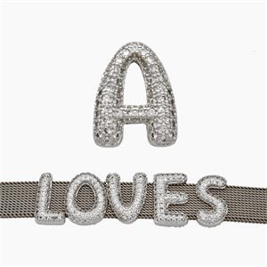 Copper Watchband Beads Pave Zirconia Letter-A Flat Hole Platinum Plated, approx 10-14mm, 2-10mm hole [FN50354]