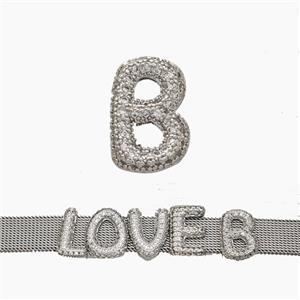 Copper Watchband Beads Pave Zirconia Letter-B Flat Hole Platinum Plated, approx 10-14mm, 2-10mm hole [FN50355]