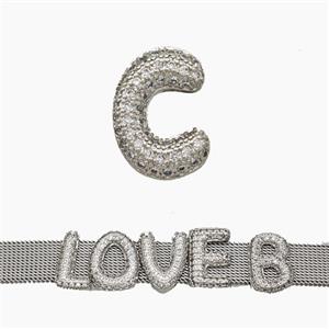 Copper Watchband Beads Pave Zirconia Letter-C Flat Hole Platinum Plated, approx 10-14mm, 2-10mm hole [FN50356]
